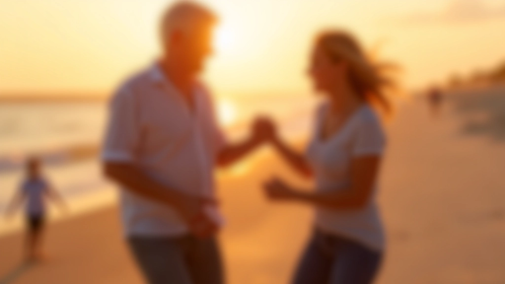 Group of adults dancing together at an outdoor beachside social gathering, warm evening light, natural joy and movement