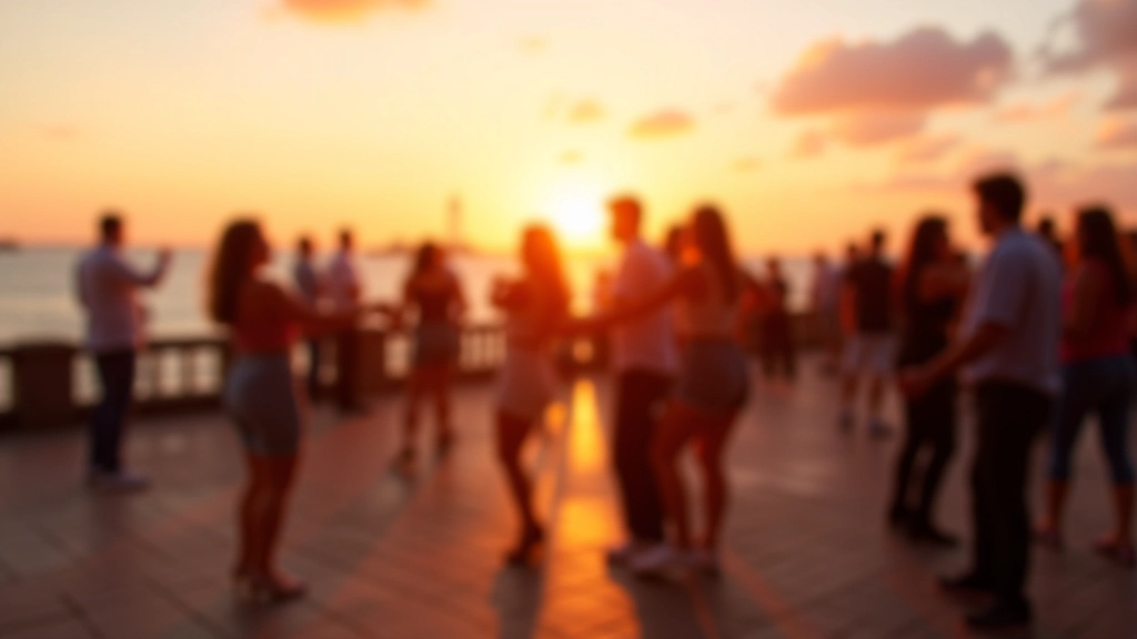 Beachside dance social gathering in Dún Laoghaire with participants dancing near the seafront promenade at sunset