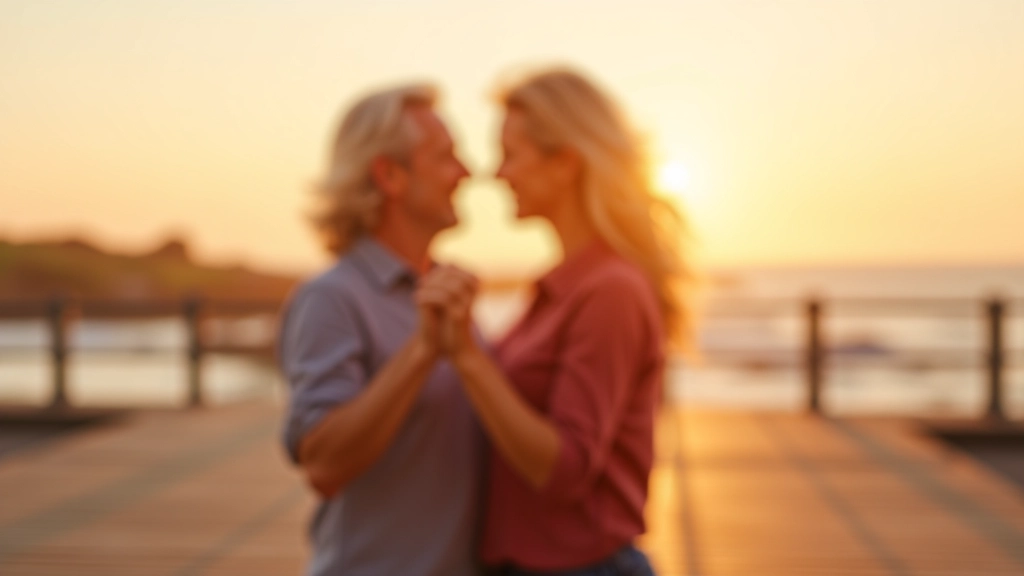 Couple dancing outdoors at sunset near Dún Laoghaire pier with coastal scenery in background