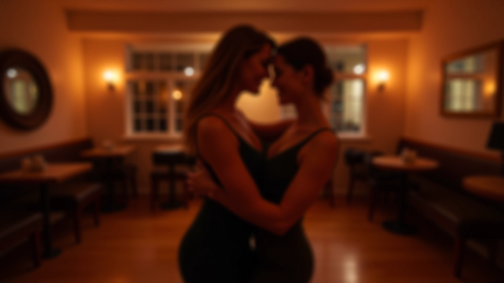Couple dancing kizomba together in a warm, welcoming dance studio with soft lighting