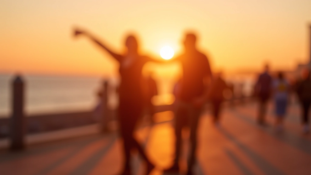 Couples dancing on a beachside promenade in Dún Laoghaire at sunset