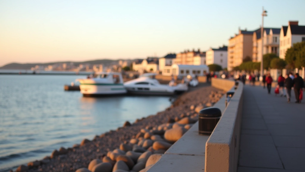 Scenic view of Dún Laoghaire seafront promenade with harbor and coastal town buildings visible in background
