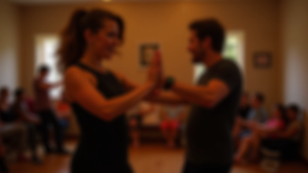 Instructor demonstrating dance frame with student in a dance studio, showing proper hand and body positioning