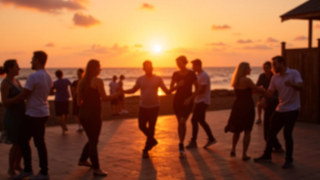 Dancers on outdoor beachside venue at sunset with sea view