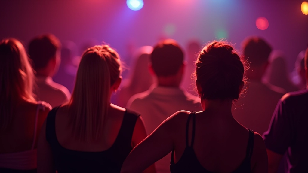 Diverse group of mature adults dancing together at a themed dance night in Cork, colorful lighting, energetic atmosphere, professional photography