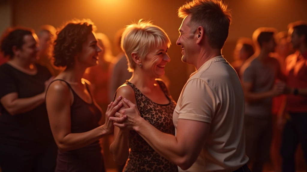 Group of mature adults laughing and dancing together at a kizomba social event in Dublin