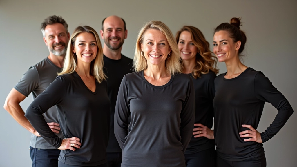 Group of dance instructors and organizers smiling at camera in professional dance studio setting, diverse ages and backgrounds