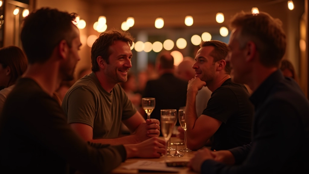 Group of mature dancers in casual conversation at venue bar, relaxed social setting, warm indoor lighting