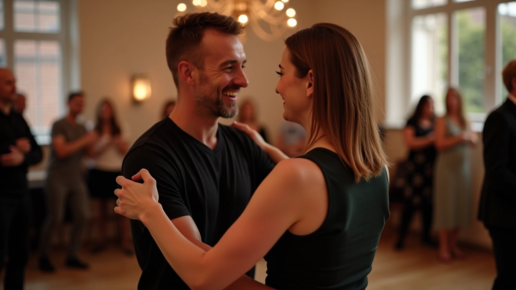 Mature adult learning kizomba dance basics in a studio setting, partner dance instruction