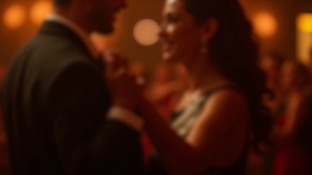 Close-up of dancers in elegant attire during a themed kizomba night, intimate partner dance position, warm amber lighting, focus on posture and connection