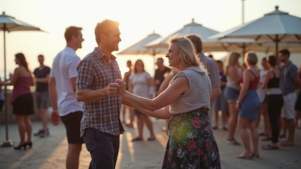 Outdoor beachside dance social in Dún Laoghaire, coastal setting with mature dancers
