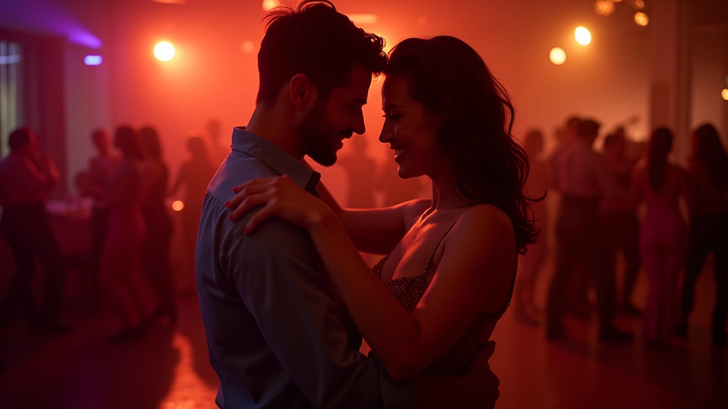 Salsa dancers in close connection, mid-spin, intimate dance position, professional lighting on dance floor