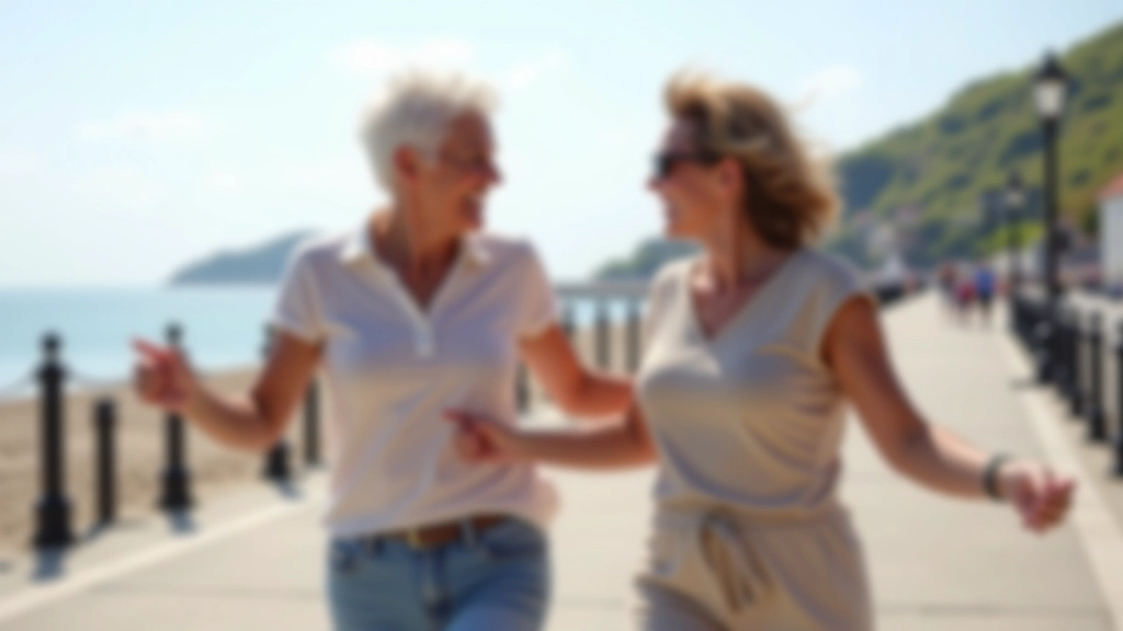 Group of mature adults dancing together on beachside promenade, smiling and enjoying movement in casual clothing