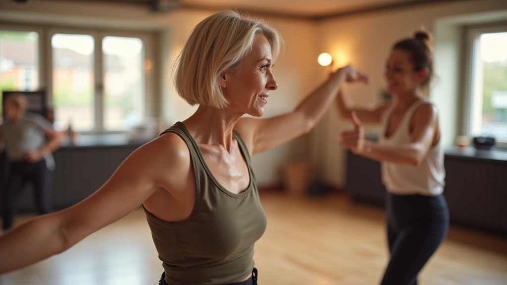 Beginner dancer learning kizomba basic steps in a welcoming dance studio setting with warm lighting